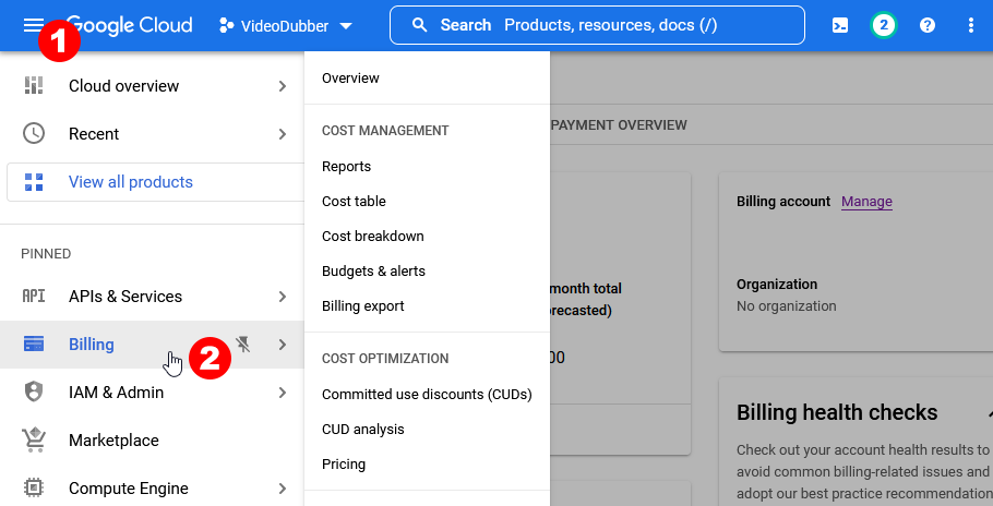 Set up billing in Google Cloud Project