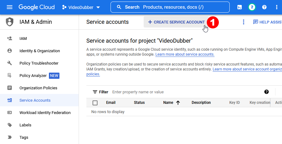 Click on CREATE SERVICE ACCOUNT